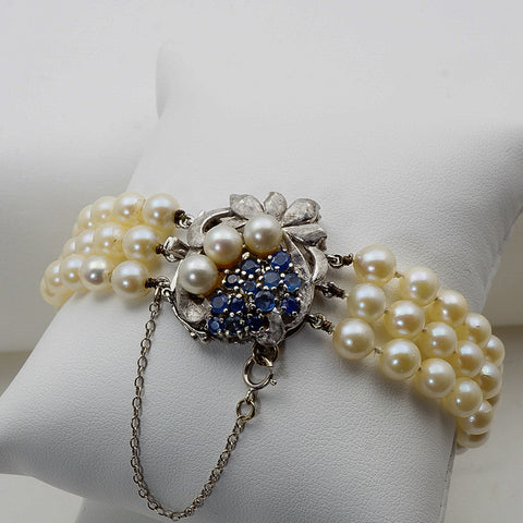 14Kt Genuine Cultured Pearl Sapphire Bracelet
