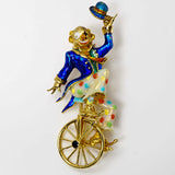 Clown On Unicycle 14Kt Yellow Gold Enamel Brooch