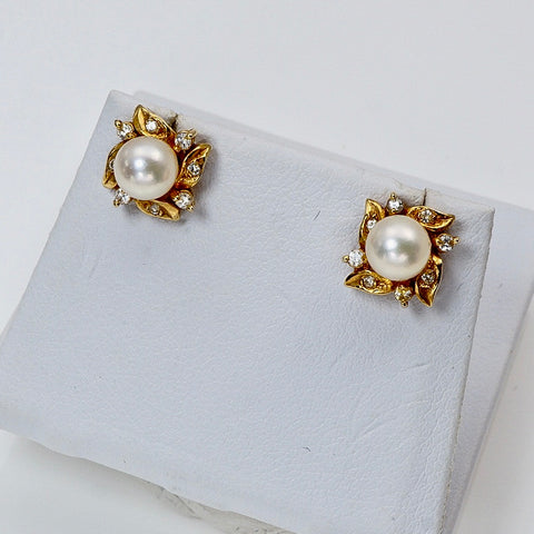 Genuine Pearl Diamond 14Kt Yellow Gold Earrings