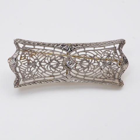Art Nouveau 14Kt White Gold Platinum Diamond Brooch