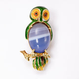 Blue Agate 14Kt Yellow Gold Enameled Owl  Brooch