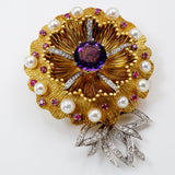 Custom 18Kt White And Yellow Gold Amethyst Diamond Pearl Ruby Brooch