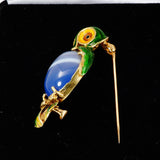 Blue Agate 14Kt Yellow Gold Enameled Owl  Brooch Side View