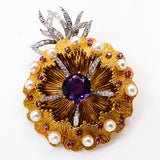 Custom 18Kt Yellow and White Gold Amethyst Diamond Pearl Ruby Brooch