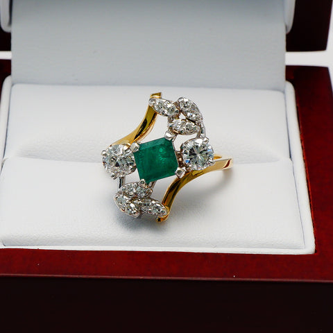 Custom made Emerald and Diamond 14K yellow gold ring