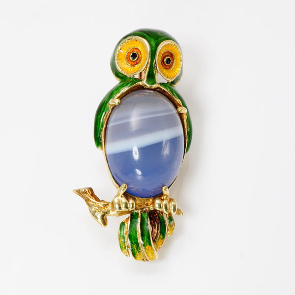 Blue Agate 14Kt Yellow Gold Enameled Owl Brooch