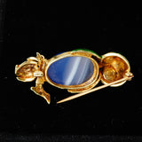 Blue Agate 14Kt Yellow Gold Enameled Owl  Brooch Back View