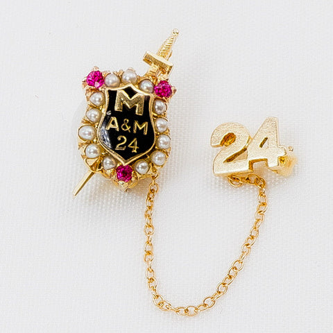 M A&M 10Kt Yellow Gold Ruby Pearl Lapel Pin