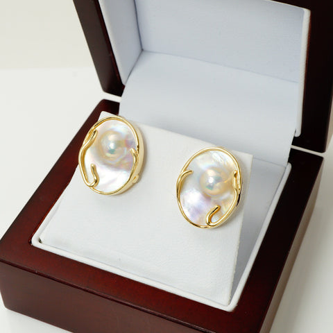 Blister Pearl Designer 14Kt Yellow Gold Earrings