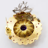 Custom 18Kt White and Yellow Gold Amethyst Diamond Pearl Ruby Brooch Pin Side