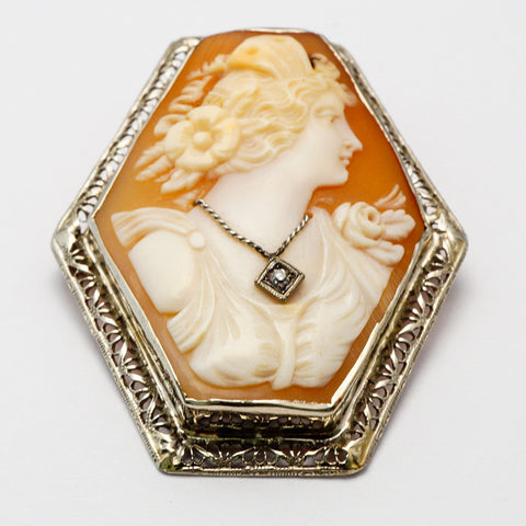 Antique White Gold 14k Diamond cameo Brooch Pendant 