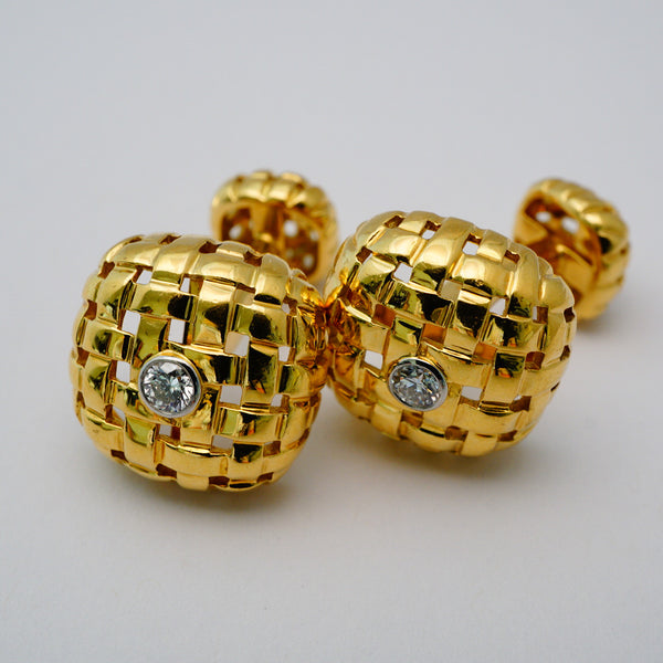 Tiffany and co 18K Gold Diamond Cufflinks weave pattern